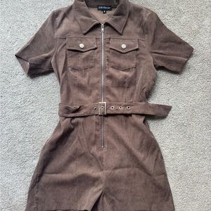 Brown Short Sleeve Zip-Up Romper